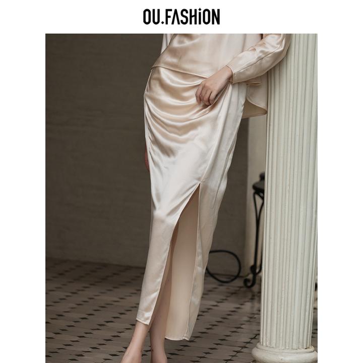 【商场同款】OU.FASHION/欧点醋酸开衩半身裙长裙1112430057