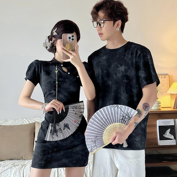 新中式情侣装夏季小众设计感短袖t恤女旗袍连衣裙法式一裙一衣潮