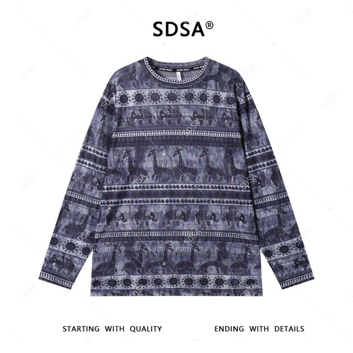 SDSA夏季新款男士痞帅潮牌动物图案设计圆领长袖T恤时尚百搭上衣