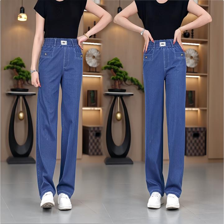 夏季薄款高腰冰丝牛仔裤女大码弹力松紧腰直筒九分裤宽松休闲长裤