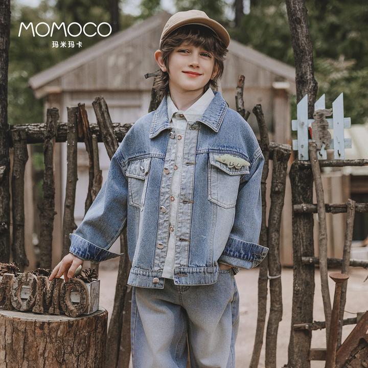 MOMOCO春秋季男童潮流拼接小鳄鱼时尚牛仔外套77330134008