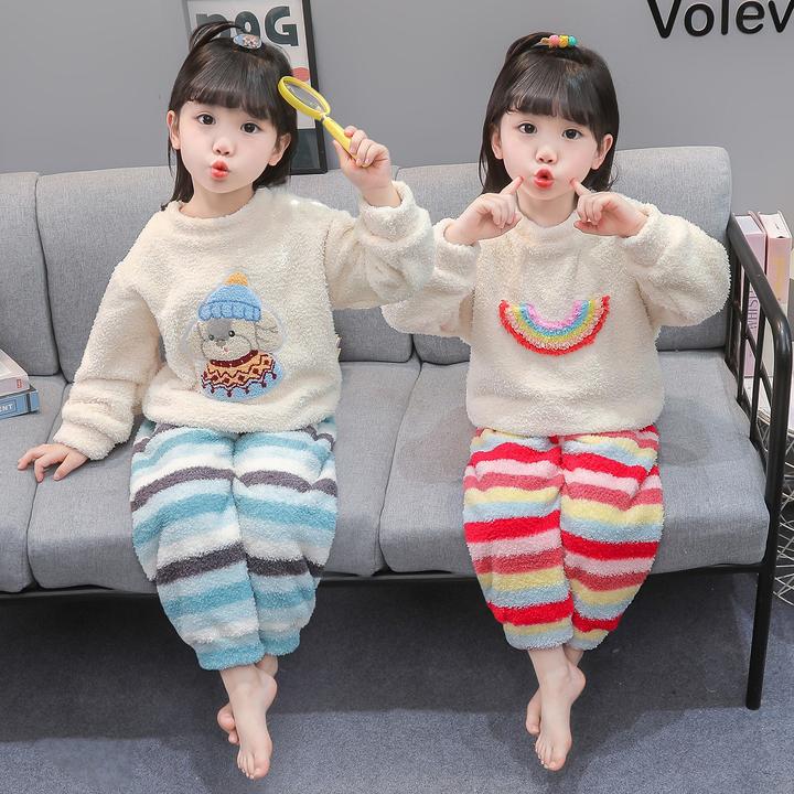 女童睡衣法兰绒秋冬季2025新款女孩宝宝加绒儿童秋款珊瑚绒家居服