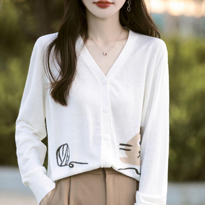 春夏新款精纺羊毛衫女V领上衣女欧洲站小猫提花卡通毛衣针织开衫