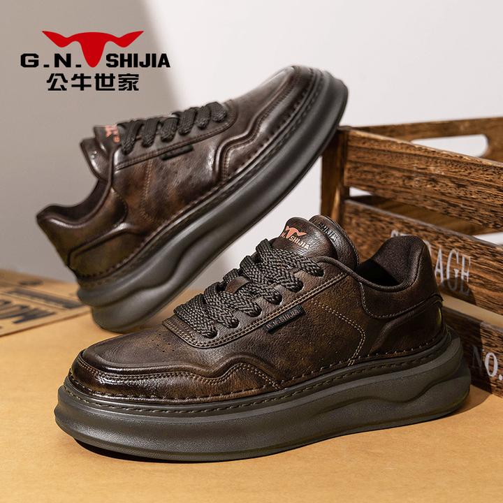 公牛世家男鞋秋冬季爆款百搭厚底休闲板鞋男士美拉德通勤工作皮鞋