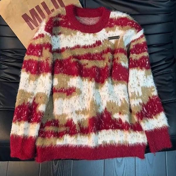 圣诞圆领毛衣男款费尔岛秋冬慵懒风撞色针织衫vintage情侣毛线衣