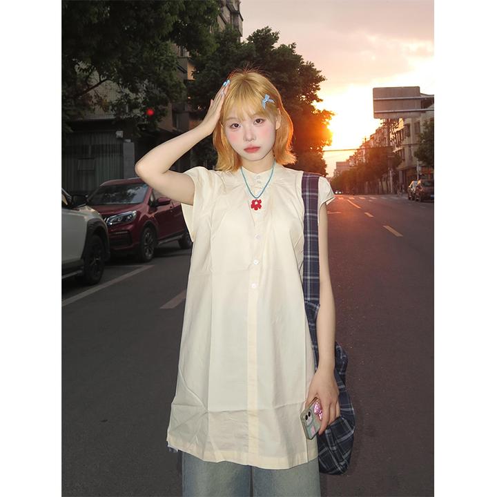 纯色短袖中长款衬衫宽松休闲显瘦衬衣上衣阔腿牛仔裤高腰直筒裤子