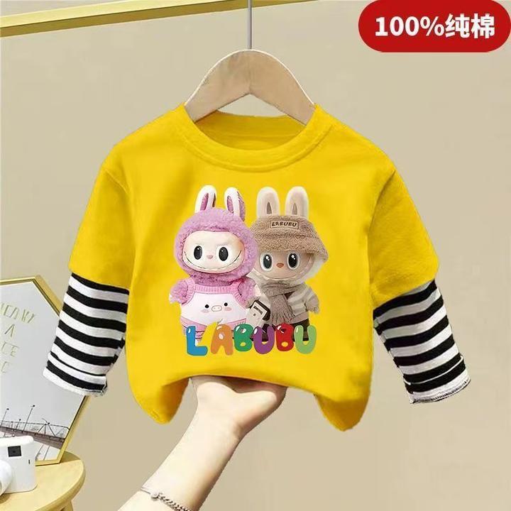 拉布布系列夏季2025新款纯棉t恤长袖圆领卡通男童女童卡通假两件
