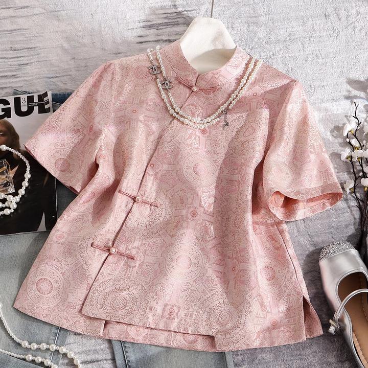 夏季宽松显瘦日常短袖提花上衣优雅中国风复古气质新中式唐装衬衫