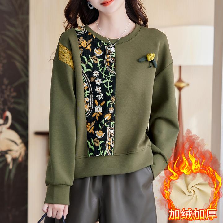 2025冬季新款加绒加厚短款圆领卫衣女蕾丝刺绣拼接保暖显瘦上衣女