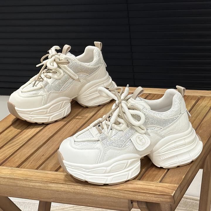 小个子增高6cm水钻真皮老爹鞋女2025新款春秋厚底休闲显瘦运动鞋