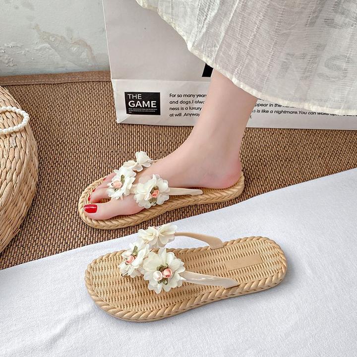 花朵沙滩平底凉拖甜美新款夏季可湿轻便防滑耐磨青年女士度假绣花