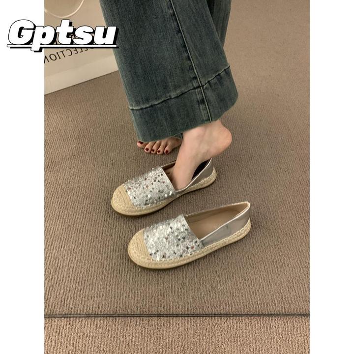 GPTSu法式小香风一脚蹬厚底渔夫鞋银色亮片懒人平底乐福鞋单鞋女