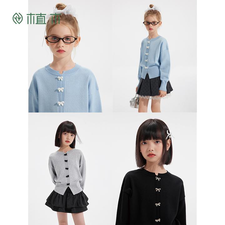植木童装女童毛衣2025秋季新款中大童蝴蝶结圆领针织衫儿童卫衣