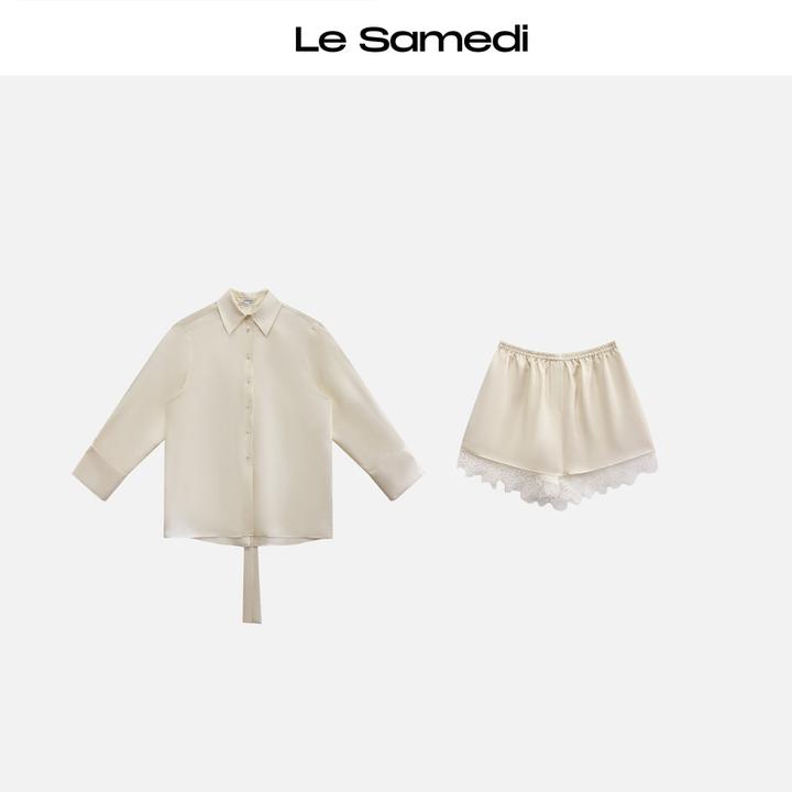 Le Samedi【匿名白花】奶油真丝绸 静奢清冷 后开衩衬衫/蕾丝短裤