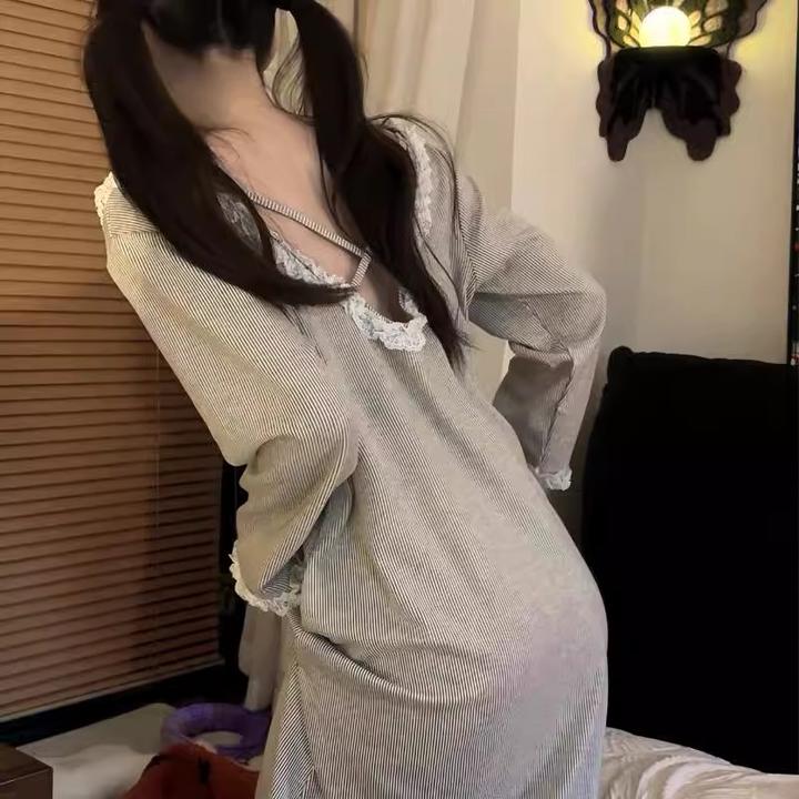 睡裙女春秋款长袖蕾丝花边长裙简约韩系性感露背轻奢公主睡衣裙夏