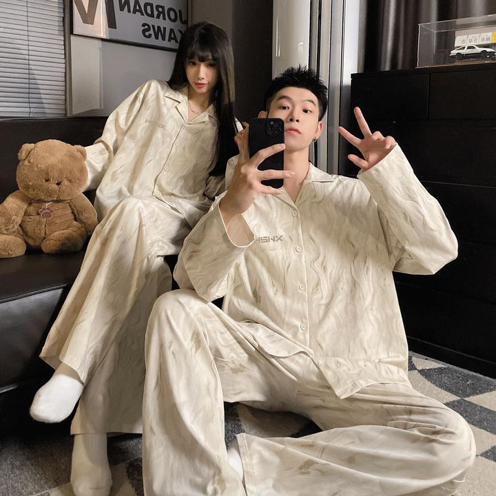 春秋季高级感情侣睡衣女款棉质长袖简约字母高级感男士家居服套装