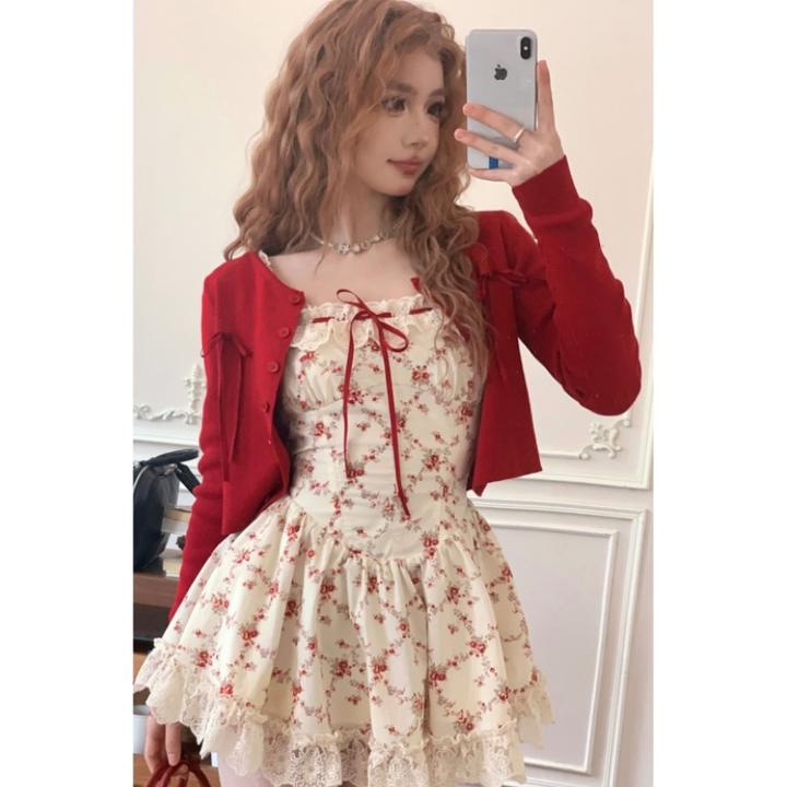 红色蝴蝶结针织防晒开衫女早春吊带裙外搭罩衫设计感法式坎肩上衣