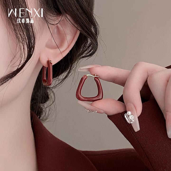 铜合金珐琅耳饰 几何红色耳环轻奢高级感耳扣2025新款秋冬耳饰女