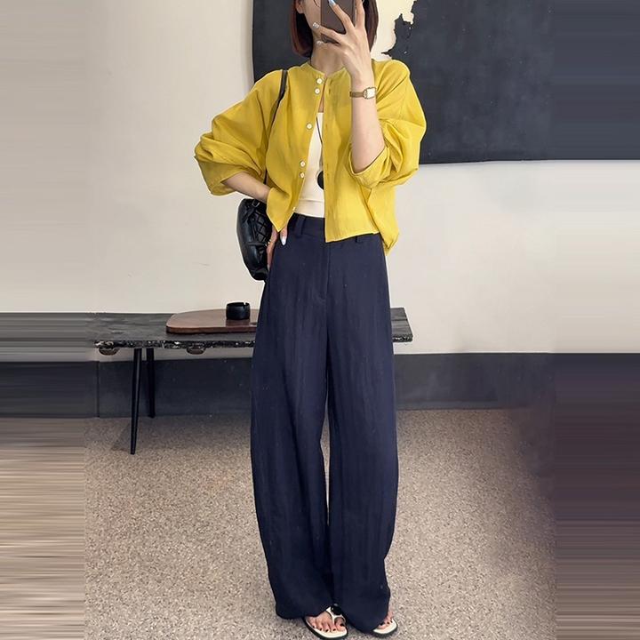 夏季简约长袖防晒衫短款显白上衣韩系薄款休闲高腰阔腿裤子套装女
