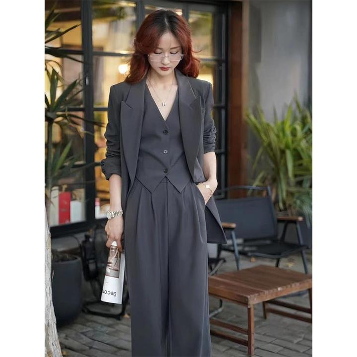 韩系春秋宽松西装外套女职业显瘦百搭高定正装西装套装马甲三件套