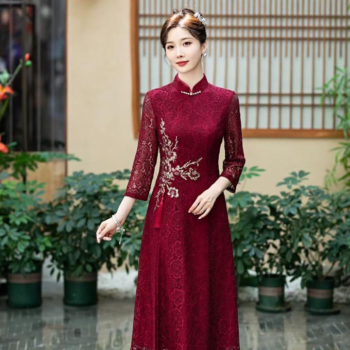 高端蕾丝连衣裙喜婆婆丈母娘礼服裙显瘦大码旗袍裙