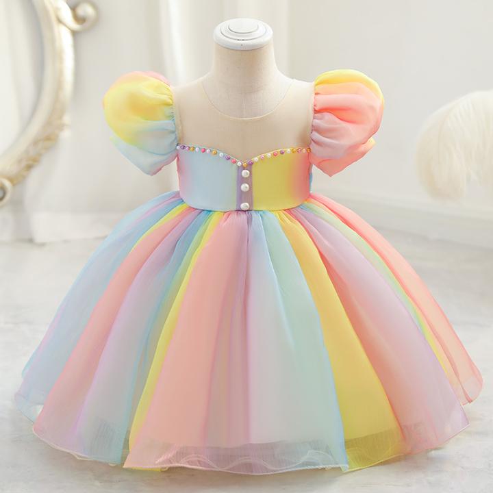 彩虹网纱裙1-7岁小女孩童装公主裙夏季婚纱礼服蓬蓬女宝连衣裙子