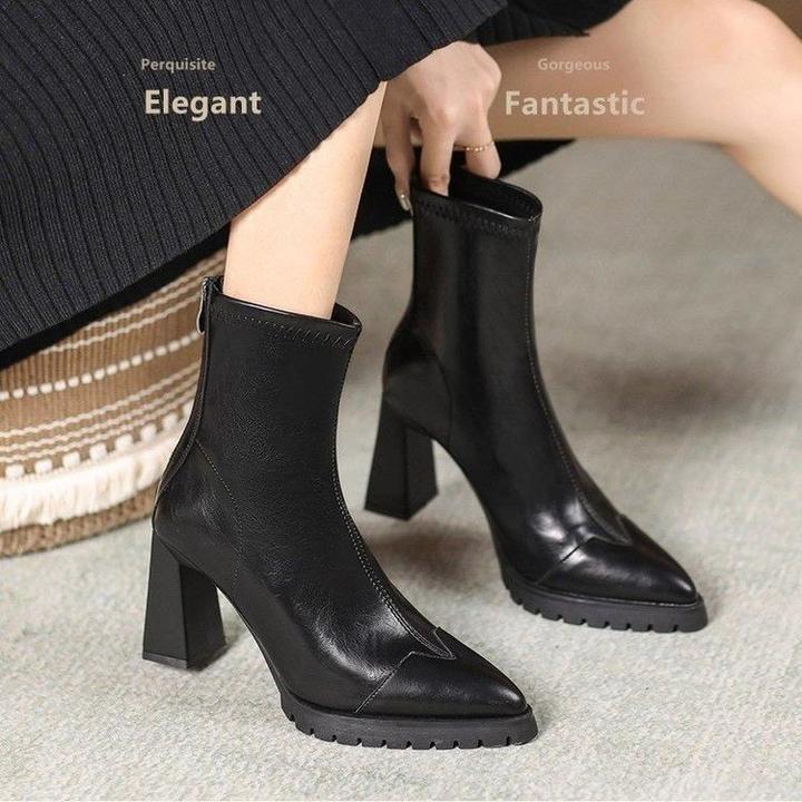 【专柜】尖头短靴女士2025秋冬新款粗跟高跟增高小个子法式瘦瘦靴女