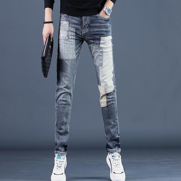 Cebrodz高端个性补丁牛仔裤男秋季2025新款小脚修身弹力潮流裤子