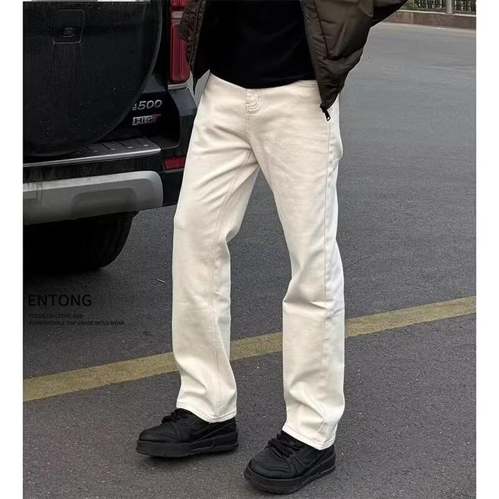 Entong春季白色牛仔裤男款美式vibe帅气高级感裤子男窄版微喇裤子