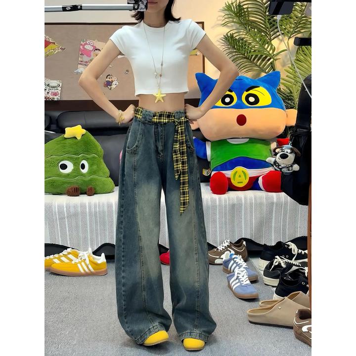 覆古蓝渐变弯刀牛仔裤男秋季美式高街高腰阔腿裤子拼接直筒微喇裤