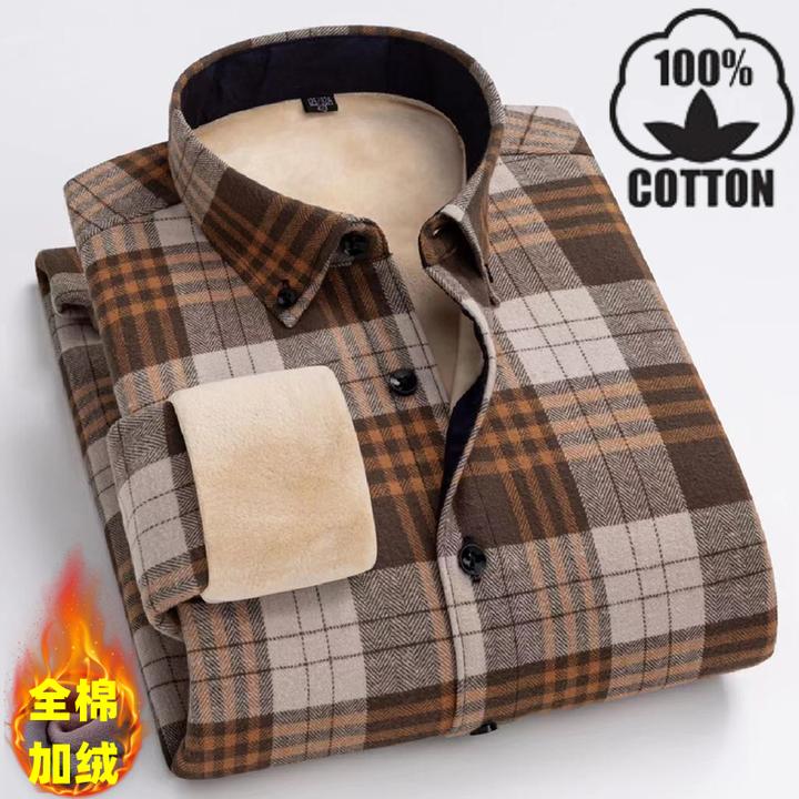 欧米朵100%全棉格子保暖衬衫男士加绒加厚纯棉磨毛一体绒衬衣大码