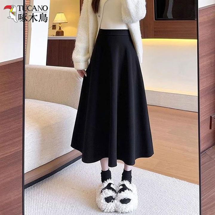 TUCANO/啄木鳥美拉德风过膝显瘦半身裙毛呢裙秋冬小个子高腰A字裙