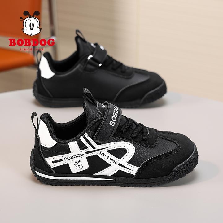 巴布豆男童运动鞋2025新秋季皮面儿童学生板鞋防水中小男孩德训鞋