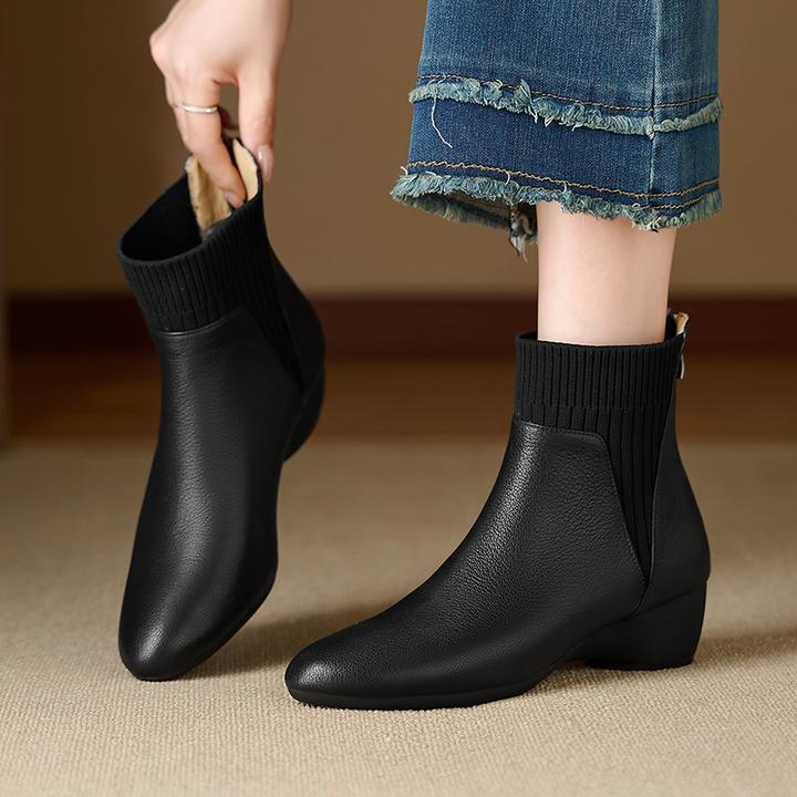 轩玥情女鞋舒适坡跟短靴女圆头中跟加绒显瘦真皮靴子超软羊皮单靴