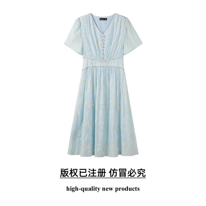 【奢姿】大码女装2025夏季新款胖妹妹时尚减龄V领刺绣珍珠连衣裙