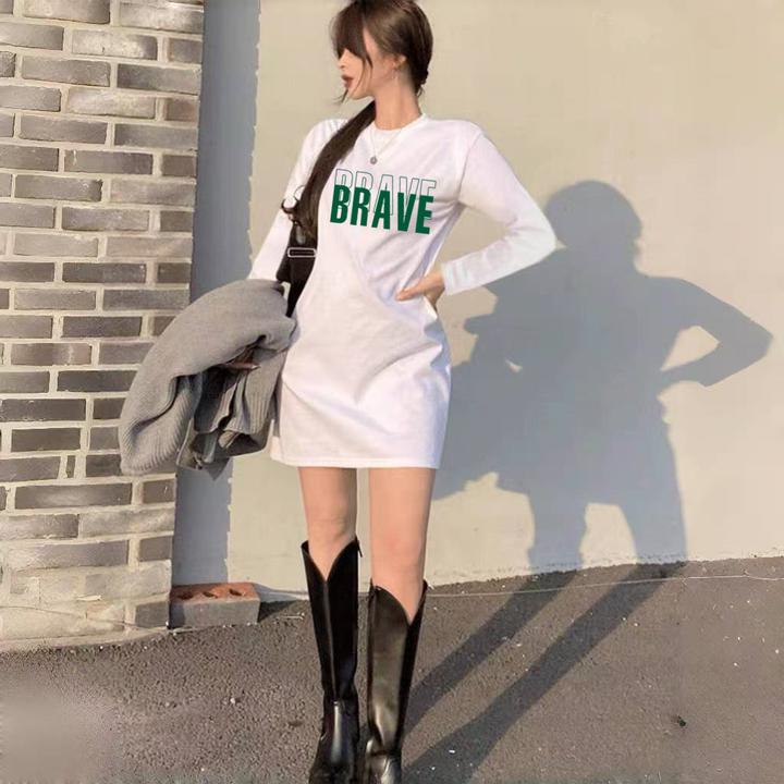 春秋季长袖高个子长款纯棉t恤女遮屁股小个子过膝宽松印花打底衫