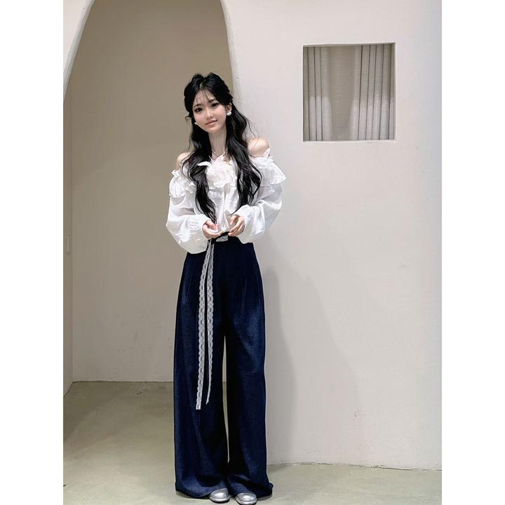 韩穿搭花瓣一字领衬衫小衫阔腿裤两件套女春季新款气质显瘦长裤子