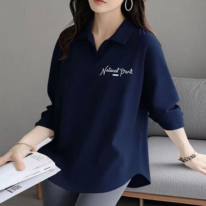 纯棉长袖简约T恤女士2025春秋新款洋气弧形下摆减龄POLO领打底衫