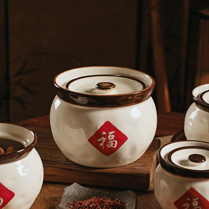 福字陶瓷罐装猪油罐带盖带勺特大号油罐釉下彩大容量耐热罐调料罐