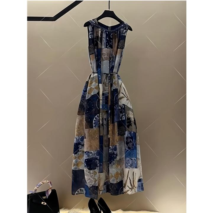 夏季新款复古时尚百搭印花无袖连衣裙