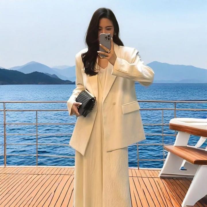 胖大码春装高端套装吊带长裙西装外套显瘦旅拍西服两件套200斤