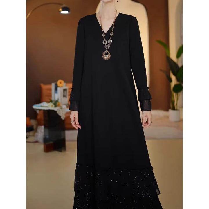 法式气质黑色百搭时尚连衣裙2025秋季新款修身显瘦减龄中长款裙子