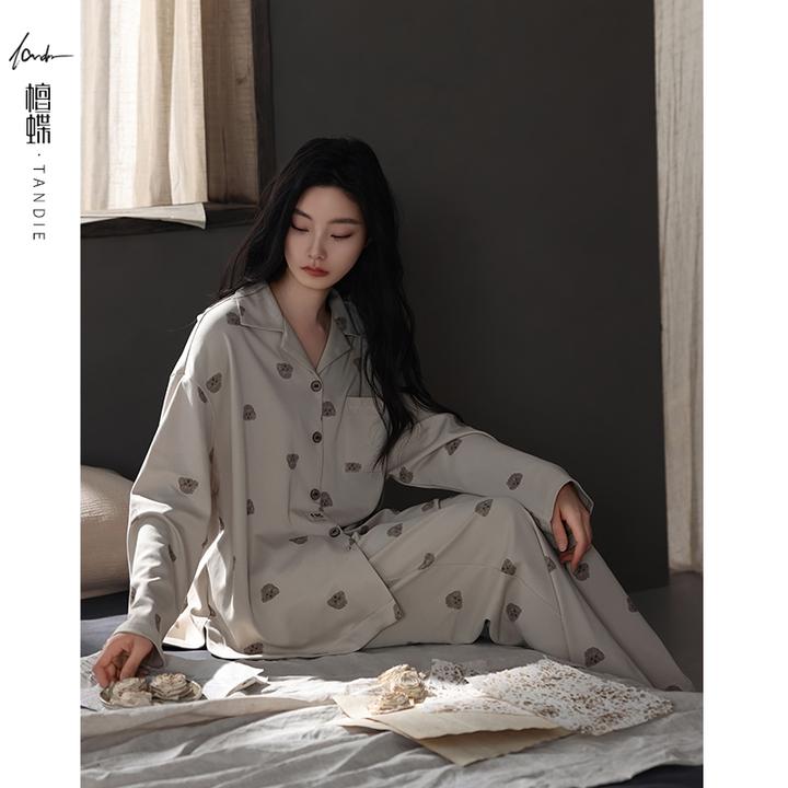檀蝶2025年新款纯棉居家睡衣秋季睡衣家居服套装女士简约氛围感