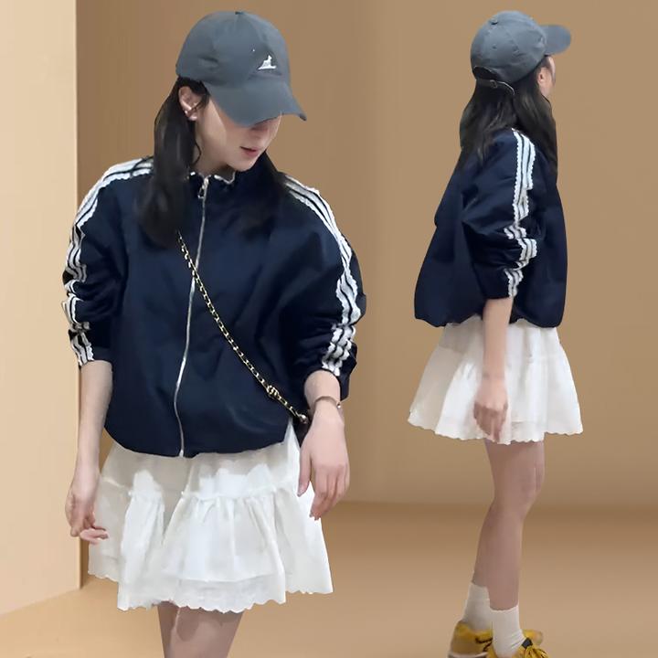 设计感时尚蕾丝花边拼接立领夹克外套女2025春秋新款休闲宽松上衣
