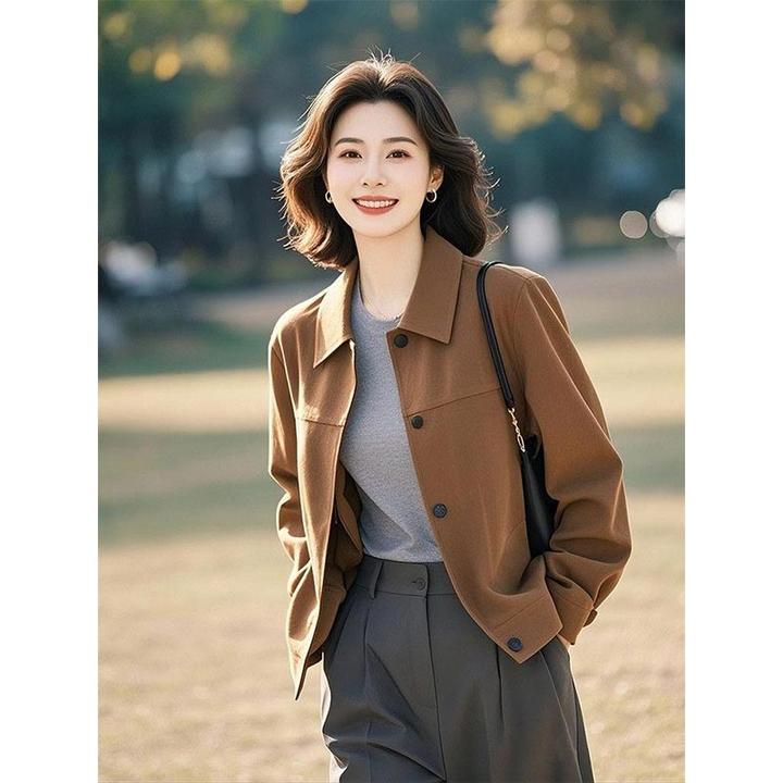 2025夏季韩式新款小众棕色翻领夹克短外套女高级感百搭休闲风上衣