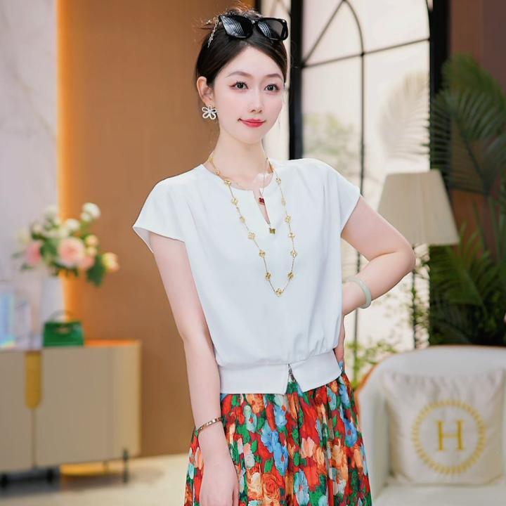 现货【晚香玉梦】2025夏款新款百搭时尚显瘦宽松减龄短袖洋气上衣女
