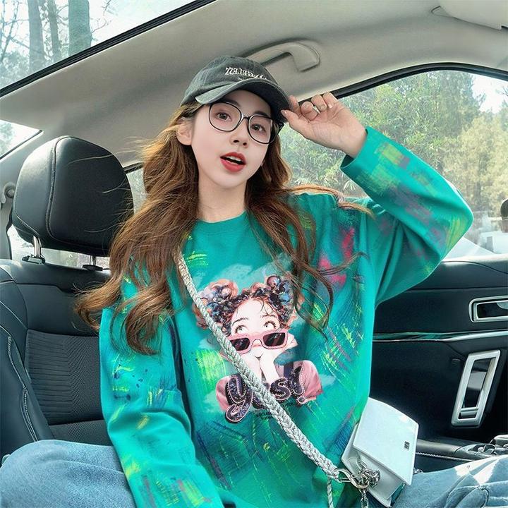 高级感扎染纯棉长袖t恤女涂鸦设计感洋气宽松ins潮牌大码显瘦上衣