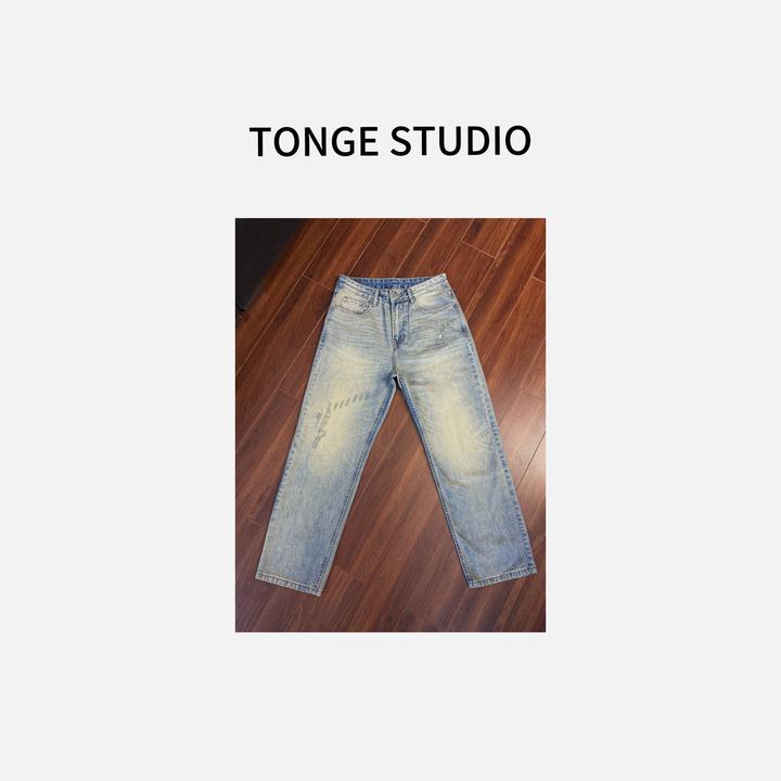 【童哥】夏季薄款破洞直筒宽松牛仔裤