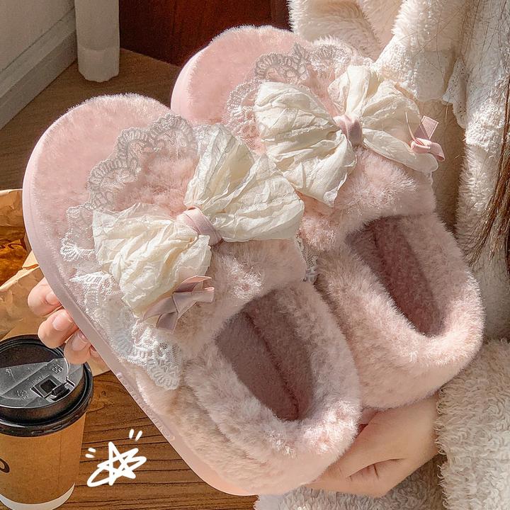 厚底棉拖鞋女款2025年新款秋冬季室内家居防滑保暖蝴蝶结毛绒拖鞋