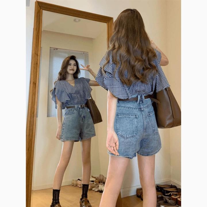 小个子甜酷风牛仔套装女洋气格纹飞飞袖衬衫上衣显瘦休闲阔腿裤